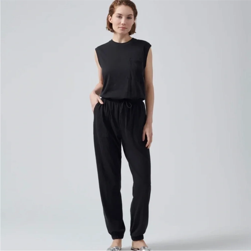 ATM High Torsion Black Drawstring Tank Muscle Sleeveless Casual Long Jumpsuit - Picture 1 of 11